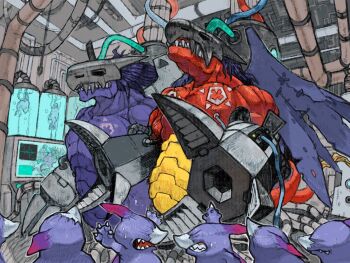 Rule 34 | analog boy02, arm cannon, black wings, cyborg, digimon, digimon (creature), dragon, gigadramon, highres, indoors, mechanical wings, megadramon, no humans, torn wings, weapon, wings