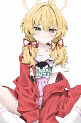 Rule 34 | 1girl, absurdres, ahoge, blonde hair, blue archive, blush, coat, collarbone, commentary, hair ribbon, halo, highres, jeon (user ywaw3774), logo, looking at viewer, official alternate costume, pink skirt, pleated skirt, print shirt, red coat, ribbon, shirt, shirt tucked in, simple background, sitting, skirt, socks, solo, spread legs, twintails, white background, white shirt, white socks, yoshimi (band) (blue archive), yoshimi (blue archive)