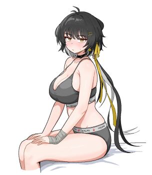 1girl black_hair bra breasts cleavage cocktiel77 commentary_request cropped_legs eyeshadow female_rover_(wuthering_waves) grey_bra grey_panties hand_wraps hands_on_own_thighs korean_commentary large_breasts looking_at_viewer makeup midriff panties red_eyeshadow rover_(wuthering_waves) simple_background sitting solo underwear white_background wuthering_waves yellow_eyes