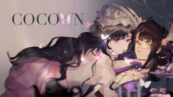 Rule 34 | 2girls, absurdres, black hair, bug, butterfly, coat, commentary request, dress, english text, feather hair ornament, feathers, from side, glasses, gown, gradient background, grey background, hair ornament, hat, highres, insect, isolde (reverse:1999), juliet sleeves, kakania (reverse:1999), kakania (seminars on serenity) (reverse:1999), leaning forward, long hair, long sleeves, looking at viewer, multiple girls, official alternate costume, puffy sleeves, purple coat, purple eyes, reverse:1999, round eyewear, shenqi a hao, shirt, upper body, veil, white dress, white hat, white shirt, white veil, yellow eyes, yuri