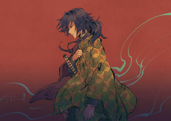 1boy black_hair black_jacket black_pants blue_eyes closed_mouth commentary_request demon_slayer_uniform hagiharaaa hair_between_eyes half-closed_eyes haori high_collar highres jacket japanese_clothes kikkoumon kimetsu_no_yaiba long_hair low_ponytail male_focus pants ponytail print_haori profile red_background red_haori solo spiked_hair standing tomioka_giyuu