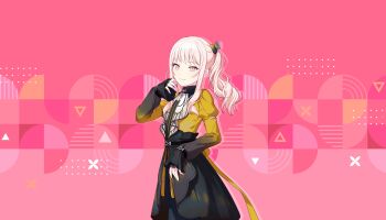 Rule 34 | 1other, akiyama mizuki, closed mouth, colorful palette, dress, game cg, hair ornament, highres, juliet sleeves, long sleeves, looking at viewer, medium hair, official alternate costume, official art, pink background, pink eyes, pink hair, project sekai, puffy sleeves, side ponytail, sidelocks, sleeves past wrists, smile, solo, third-party source, triangle, unreliable notes (project sekai)