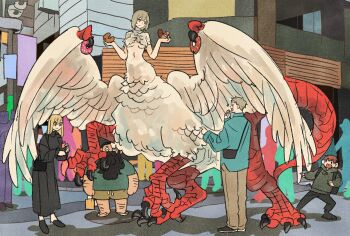 2girls 3boys backpack bag beard black_hair black_skirt blonde_hair breasts brown_hair building chilchuck_tims contemporary donut dungeon_meshi dwarf facial_hair falin_touden falin_touden_(chimera) feathered_wings food food_on_face grey_hair highres holding holding_bag holding_food hood hood_down hoodie laios_touden long_beard long_skirt marcille_donato monster_girl multiple_boys multiple_girls navel outdoors pants people senshi_(dungeon_meshi) skirt standing takeuchi_ryousuke taur underboob wings