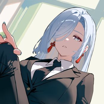 1girl alternate_costume black_necktie black_pants blue_nails breasts crossed_legs earrings genshin_impact grey_eyes grey_hair hair_over_one_eye highres jacket jewelry large_breasts looking_at_viewer necktie office_lady pants parted_lips shenhe_(genshin_impact) solo suit_jacket tassel tassel_earrings yumeto_(ym-1)