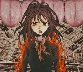 black_jacket blazer bleeding blood blood_from_mouth breasts brown_eyes brown_hair burning character_request check_character chinese_commentary collage_background collared_shirt commentary_request disembodied_tongue fire floating_hair half-closed_eyes highres jacket kashikawa_ruby kyojin-tachi lapels large_breasts long_sleeves looking_at_viewer medium_hair neck_ribbon newspaper nosebleed open_mouth photo_background photo_inset ribbon shirt straight-on tongue yellow_ribbon yukimiotouhou