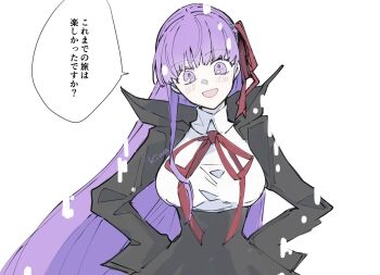 1girl artist_name bb_(fate) black_jacket black_skirt blush breasts collared_shirt commentary_request cowboy_shot fate/grand_order fate_(series) hair_ribbon hands_on_own_hips high-waist_skirt hime_cut jacket ki_wa001 lapels large_breasts long_hair long_sleeves looking_at_viewer neck_ribbon open_clothes open_jacket open_mouth petals purple_eyes red_ribbon ribbon shirt simple_background single_sidelock skirt smile solo speech_bubble standing translation_request white_background white_shirt