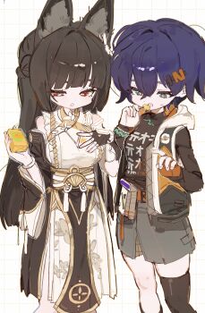 2girls absurdres animal_ear_fluff animal_ears belle_(zenless_zone_zero) black_dress black_hair black_shirt black_thighhighs blue_hair commentary crossed_bangs dress drink_carton drinking_straw fingerless_gloves flower fox_ears fox_girl gloves green_eyes grid_background hair_between_eyes hair_flower hair_ornament hand_on_own_chest highres holding holding_drink_carton holding_juice_box hoshimi_miyabi hoshimi_miyabi_(dignified_blossom) japanese_clothes juice_box letter_hair_ornament long_hair multiple_girls official_alternate_costume orange_gloves red_eyes shirt short_hair single_fingerless_glove single_glove single_thighhigh siomimi thighhighs two-tone_dress untranslatable_commentary white_dress white_flower zenless_zone_zero