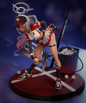 1girl 3d absurdres alternate_costume alternate_hairstyle ball baseball baseball_cap baseball_glove baseball_uniform belt bent_over black_gloves black_shoes black_socks black_tail blender_(medium) blue_archive bolt_action bucket crop_top dark-skinned_female dark_skin demon_tail full_body gloves grey_hair gun halo hand_on_own_ass hat highres holding holding_ball iori_(blue_archive) kneehighs layered_sleeves long_hair long_sleeves looking_at_viewer mauser_98 midriff minhbui131 parted_lips pleated_skirt pointy_ears rifle shirt shoes short_over_long_sleeves short_sleeves skirt sneakers socks solo sportswear standing tail thigh_strap tied_shirt two-tone_shirt two-tone_skirt very_long_hair weapon