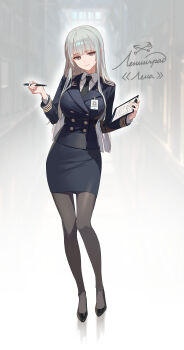 1girl absurdres black_necktie black_pantyhose blouse buttons clipboard commentary cyrillic double-breasted english_commentary grey_eyes high_heels highres hime_cut holding holding_clipboard holding_pen id_card jacket leningrad_(ryan_greythorn) long_hair looking_at_viewer military_uniform necktie original pantyhose pen pencil russian_text ryan_greythorn shiny_footwear shirt smile solo straight_hair suit_jacket white_hair white_shirt