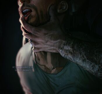 2boys arm_tattoo bara black_shirt call_of_duty call_of_duty:_modern_warfare_2 close-up couple facial_hair ghost_(modern_warfare_2) hand_in_another&#039;s_mouth hand_on_another&#039;s_neck highres implied_sex jewelry male_focus multiple_boys muscular muscular_male open_mouth ring saliva shirt soap_(modern_warfare_2) tattoo twitter_username umikochannart wedding_ring yaoi