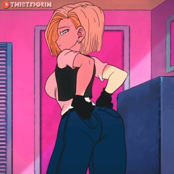 1girl android_18 animated animated_gif artist_name ass bent_over black_gloves black_panties blonde_hair bouncing_breasts breasts denim dragon_ball dragonball_z dressing earrings expressionless female_focus from_behind gloves grey_eyes high-waist_pants indoors jeans jewelry looking_at_viewer looking_back panties pants patreon_logo solo twistedgrim underwear vest