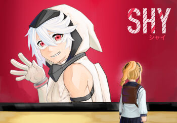 1girl absurdres backpack bag black_hairband black_skirt blush brown_bag commentary copyright_name elbow_gloves gloves gmeg011 grin hair_between_eyes hairband highres hood hood_up koishikawa_iko leotard long_hair long_sleeves pleated_skirt ponytail red_background red_eyes shirt shy_(character) shy_(series) skirt smile symbol-only_commentary teeth white_gloves white_hair white_leotard white_shirt