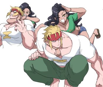 Rule 34 | 1boy, 1girl, alex (street fighter), barefoot, black hair, blonde hair, brazil, breasts, brown eyes, choker, cleavage, clenched hand, clenched teeth, green pants, green shirt, hair over one eye, headband, highres, jewelry, laura matsuda, long hair, muscular, muscular male, nasu (ilo a5), necklace, one eye closed, pants, pectorals, red headband, sandals, shirt, short hair, short shorts, shorts, squatting, strangling, street fighter, street fighter v, teeth, thong, white background, white shirt, wink, wrestling, wristband