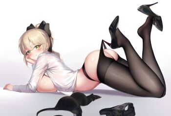 1girl arm_support ass black_bow black_bra black_panties black_pantyhose black_shoes blonde_hair blush bow bra breast_press breasts closed_mouth commentary from_side full_body green_eyes hair_bow head_on_hand high_heels highres lace_pantyhose_hooked_on_heel_(meme) large_breasts lili_(shirosaba) long_hair long_sleeves looking_at_viewer looking_to_the_side lying meme mole mole_under_eye no_bra no_panties on_stomach open_clothes open_shirt original panties pantyhose ponytail removing_shoes shiny_skin shirosaba shirt shoes simple_background smile solo symbol-only_commentary torn_clothes torn_pantyhose underwear unworn_bra unworn_panties white_background white_shirt