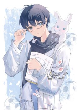 Rule 34 | 1boy, alternate costume, animal, arm up, ball, bespectacled, black hair, black scarf, blue eyes, blue lock, book, closed mouth, coat, commentary request, double-parted bangs, emoticon, glasses, hair between eyes, highres, holding, holding book, isagi yoichi, kaomoji, long sleeves, looking to the side, nebula0115, rabbit, rabbit on shoulder, round eyewear, scarf, sideways glance, soccer ball, white coat