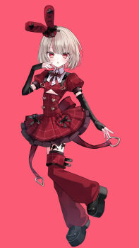 1girl absurdres back_bow black_bow black_gloves black_shoes blunt_bangs blush bob_cut bow bowtie breasts buttons center_frills clothing_cutout collared_shirt colored_inner_hair dress elbow_gloves fingerless_gloves frilled_dress frills frozen_yakan full_body gloves grey_hair hand_to_own_mouth hat hat_bow heart heart_button heart_o-ring highres idol_clothes layered_dress leg_tattoo leg_warmers looking_at_viewer makaino_ririmu medium_hair mini_hat multicolored_hair nijisanji o-ring official_alternate_costume official_alternate_hairstyle parted_lips pink_hair plaid_clothes plaid_dress plaid_sleeves platform_shoes puffy_short_sleeves puffy_sleeves rabbit_ear_headwear red_background red_bow red_bowtie red_dress red_eyes red_leg_warmers red_sleeves shirt shoes short_dress short_sleeves shoulder_strap sign_wa_b_(oshi_no_ko) simple_background small_breasts solo standing standing_on_one_leg streaked_hair tattoo underboob_cutout virtual_youtuber white_shirt winged_heart winged_heart_tattoo