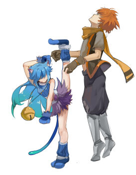 Rule 34 | 1boy, 1girl, absurdres, animal ear fluff, animal ears, animal hands, armored boots, attack, axe kick, bare shoulders, bell, black jacket, black pants, blue hair, blue shirt, blue slippers, blue socks, boots, breasts, brown gloves, cape, cat ears, cat girl, cat tail, character request, chinese commentary, commentary request, covered eyes, faceless, faceless female, facial mark, full body, fur-trimmed slippers, gloves, grey boots, hair over eyes, highres, jacket, kardia tou abel, knee boots, long hair, midriff, mio (kardia tou abel), mole, mole on thigh, neck bell, orange cape, orange hair, oversized object, pants, paw gloves, purple skirt, shirt, short hair, short sleeves, simple background, skirt, sleeveless, sleeveless jacket, slippers, socks, sterlank, tail, very long hair, white background