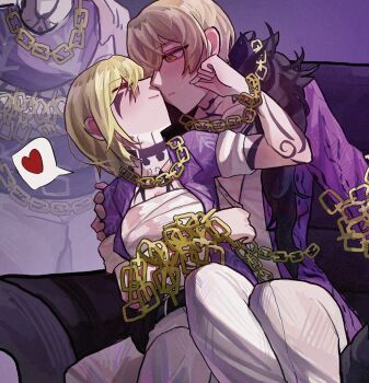 Rule 34 | 1boy, 1girl, arm at side, arm tattoo, arm under breasts, behind another, belt, black belt, blonde hair, breasts, chain, chain around arm, chest tattoo, closed mouth, couch, couple, don quixote (project moon), facing another, fur-trimmed shirt, fur trim, gold chain, hair over one eye, hand on another's shoulder, hand up, hashtag-only commentary, heart, hetero, lapels, light smile, limbus company, looking at another, medium breasts, meng luoo, middle (identity) (project moon), open clothes, open shirt, pants, project moon, purple background, purple shirt, sarashi, shirt, short hair, sinclair (project moon), sitting, sitting between legs, sleeves rolled up, spoken heart, tattoo, tsurime, v-neck, white pants, yellow eyes