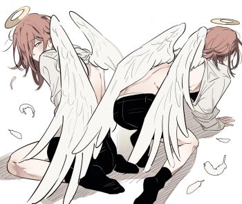 Rule 34 | 1boy, androgynous, angel devil (chainsaw man), angel wings, back, black shorts, black socks, chainsaw man, clothes lift, falling feathers, feathers, hair over one eye, halo, highres, long sleeves, male focus, medium hair, one eye covered, red hair, shirt lift, shorts, simple background, socks, tus oo, white background, white wings, wings