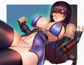 1girl artist_name badcompzero bare_shoulders black_background black_hair blue_background blush border breasts commentary covered_erect_nipples cowboy_shot earrings elbow_gloves english_commentary final_fantasy final_fantasy_vii final_fantasy_vii_remake fingerless_gloves gloves gradient_background highres jewelry large_breasts long_hair looking_at_viewer multicolored_background navel navel_piercing open_mouth panties piercing pubic_tattoo red_eyes solo square_enix tattoo teeth thighhighs tifa_lockhart toned tongue underwear watermark white_border