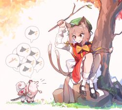 Rule 34 | 1girl, against tree, animal ear fluff, animal ear piercing, animal ears, back bow, bow, bowtie, brown eyes, brown hair, cat ears, cat tail, chen, commentary request, dress, earrings, full body, furrowed brow, hat, highres, holding, holding stick, inubashiri momiji, inubashiri momiji (wolf), jewelry, kaliningradg, knees up, long sleeves, mob cap, multiple tails, nekomata, petticoat, red dress, rock, short hair, single earring, sitting, sitting on rock, solo, spoken object, stick, tail, tearing up, touhou, tree, trembling, two tails, white bow, yellow bow, yellow bowtie