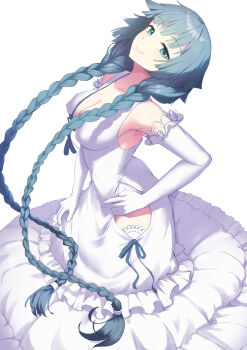 1girl absurdres aqua_eyes aqua_hair braid closed_mouth commentary_request dress elbow_gloves frilled_dress frills gloves hand_on_own_hip highres kneeling long_hair looking_at_viewer okina_(805197) smile solo soushuu_senshinkan_gakuen_hachimyoujin tatsumiya_yurika thighs twin_braids variant_set white_dress white_gloves