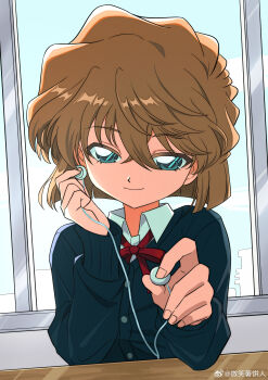 Rule 34 | 1girl, absurdres, bisho imobing hito, brown hair, buttons, closed mouth, collared shirt, commentary request, earbuds, earphones, eyelashes, fingernails, haibara ai, hair between eyes, highres, holding earbud, indoors, long sleeves, looking at viewer, meitantei conan, offering earbud, red ribbon, ribbon, school uniform, shirt, short hair, smile, solo, sweater, upper body, window