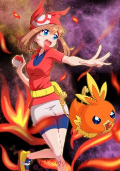 Rule 34 | 1girl, bandana, bike shorts, bike shorts under shorts, blue eyes, brown hair, commentary, dynamic pose, fanny pack, fire, foggy0704, gen 3 pokemon, headband, highres, holding, holding poke ball, may (pokemon), nintendo, open mouth, poke ball, poke ball (basic), pokemon, pokemon (creature), pokemon rse, red bandana, red shirt, shirt, shoes, shorts, simple background, sneakers, space, torchic