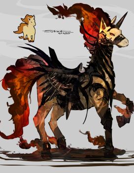absurdres armor armored_animal commentary_request dated fire full_body gen_1_pokemon grey_background highres horns nintendo pokemon pokemon_(creature) pokemon_focus rapidash red_eyes saddle signature single_horn standing sukepmonster