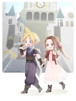 1boy 1girl aerith_gainsborough architecture armor armored_gloves bangle belt black_gloves black_pants blonde_hair blue_eyes blue_shirt bluelimbo8888 boots border bracelet braid braided_ponytail brown_belt brown_boots brown_hair buster_sword chibi chibi_only choker clock clock_tower cloud_strife couple cropped_jacket dress eating final_fantasy final_fantasy_vii final_fantasy_vii_rebirth final_fantasy_vii_remake food full_body gloves green_eyes hair_ribbon hetero highres holding holding_food holding_hands jacket jewelry kalm long_dress long_hair moogle multiple_belts open_mouth pants parted_bangs pauldrons pink_dress pink_ribbon red_jacket ribbon shirt short_hair short_sleeves shoulder_armor sidelocks single_bare_shoulder single_braid single_pauldron spiked_hair suspenders tower town walking weapon weapon_on_back white_border