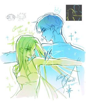 2boys 2girls album_cover_redraw alien_stage chibi chibi_inset commentary derivative_work drawn_crown english_text headset highres ivan_(alien_stage) limited_palette long_hair microphone milkystati0n mizi_(alien_stage) multiple_boys multiple_girls outstretched_arm reference_inset short_hair smile sua_(alien_stage) till_(alien_stage) very_long_hair very_short_hair