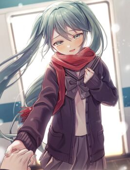 Rule 34 | 1girl, blue eyes, blue hair, blush, bow, bowtie, cardigan, commentary, hajimete no koi ga owaru toki (vocaloid), hand on own chest, hatsune miku, highres, holding hands, long hair, long sleeves, looking at viewer, md5 mismatch, nail polish, open mouth, out of frame, pleated skirt, pov, pov hands, revision, scarf, school uniform, serafuku, skirt, sleeves past wrists, smile, snowflake print, solo focus, striped clothes, striped scarf, tearing up, train, train station platform, twintails, very long hair, vocaloid, vs0mr, wind