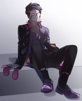 1boy arm_support black_pants black_shoes black_socks closed_mouth collarbone commentary_request corbeau_(pokemon) da_mapm glasses highres male_focus nintendo pants pectoral_cleavage pectorals pokemon pokemon_legends:_z-a purple_shirt round_eyewear shirt shoes short_hair sitting socks undercut watermark yellow_eyes