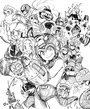 2girls 6+boys android arm_cannon beard bodysuit bomb bomb_man bow claws closed_mouth commentary concrete_man cut_man domino_mask dr._light_(mega_man) elec_man electricity everyone explosive eye_mask facial_hair fake_horns fire fire_man flaming_head galaxy_man gem gem_on_head grin guts_man hair_bow hard_hat hat helmet highres holding holding_bomb hood hood_up horned_helmet hornet_man horns humanoid_robot ice_man jewel_man lightning_bolt_symbol lit_fuse looking_at_viewer magma_man mask mega_man_(character) mega_man_(classic) mega_man_(series) mega_man_1 mega_man_9 mega_man_megamix mohawk monochrome multiple_boys multiple_girls mustache old old_man open_mouth plug plug_man polearm proto_man robot robot_girl roll_(mega_man) scarf scissors seal_impression short_hair single_horn smile snapping_fingers splash_woman sunglasses takenokonoko tornado_man traditional_media translated trident ufo v-shaped_eyes wasp weapon |_|