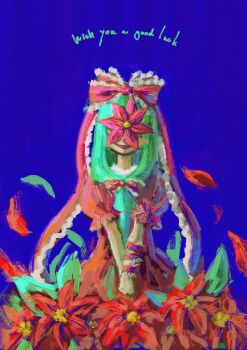 absurdres arm_ribbon blue_background commentary covered_eyes dress english_text facing_viewer flower flower_on_face frilled_ribbon frills hair_ribbon highres kagiyama_hina omaega_chan own_hands_together poinsettia puffy_short_sleeves puffy_sleeves red_dress red_flower red_ribbon ribbon short_sleeves smile touhou upper_body v_arms