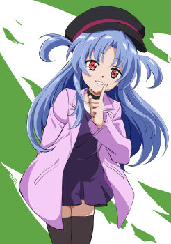 1girl black_choker black_hat blue_hair brown_thighhighs choker coat dress finger_to_mouth hat highres kurobane_alice long_hair looking_at_viewer open_clothes open_coat pink_coat purple_dress red_eyes shadowverse_(animated_series) shadowverse_(anime) shadowverse_flame solo thighhighs tmr_msho two_side_up white_mouth