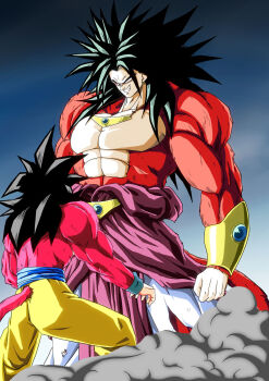 Rule 34 | abs, baggy pants, black hair, broly (dragon ball z), dragon ball, earrings, fur, gem, highres, jewelry, kamishima kanon, long hair, muscular, necklace, no pupils, pants, smirk, smoke, son goku, spiked hair, super saiyan, super saiyan 4, tail, you gonna get raped