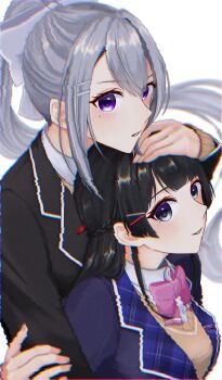 2girls black_hair black_jacket blue_eyes blue_jacket bow bowtie braid breasts distortion double-parted_bangs grey_hair hair_ornament hairclip hand_on_another&#039;s_head hashtag-only_commentary highres higuchi_kaede jacket long_hair looking_at_viewer medium_breasts mole mole_under_eye multiple_girls nijisanji open_mouth parallel_hairclips parted_lips pink_bow pink_bowtie purple_eyes ringo_21_a simple_background smile tsukino_mito virtual_youtuber white_background