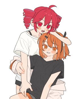 2girls a.i._voice adachi_rei ahoge arm_on_another's_head black_shirt black_shorts blush bra_strap drill_hair grey_skirt hair_ribbon headphones highres holding_another's_arm kasane_teto looking_at_viewer multiple_girls ofo_j1 open_mouth orange_eyes orange_hair red_eyes red_hair ribbon shirt short_hair short_sleeves shorts sidelocks simple_background sitting skirt smile standing twin_drills utau white_background white_shirt yuri