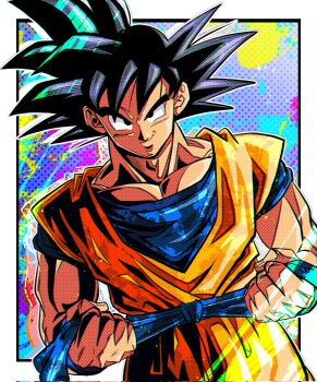 1boy belt black_eyes black_hair blue_belt closed_mouth dougi dragon_ball dragonball_z highres looking_at_viewer male_focus pectorals smile solo son_goku spiked_hair upper_body ushi_(akabec0) wristband