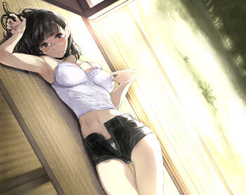 1girl arm_up armpits bare_arms bare_shoulders black_eyes black_hair breasts buttons camisole chinatsu_(tsukino_wagamo) choker closed_mouth commentary cover_image feet_out_of_frame glasses highres indoors looking_at_viewer lying medium_breasts medium_hair midriff mole mole_under_mouth navel nipple_stimulation nipple_tweak on_back open_clothes open_shorts original panties shorts sleeveless solo tatami tsukino_wagamo unbuttoned underwear wooden_floor