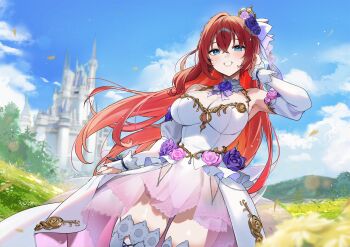 1girl armpit_crease armpits bare_shoulders blue_eyes blue_sky blush borrowed_character breasts castle cleavage cleavage_cutout clothing_cutout cloud cloudy_sky clutching_clothes commentary_request commission crown detached_sleeves dot_nose dress eyebrows_hidden_by_hair falling_petals feet_out_of_frame flower frills gijang gold gold_trim grass groin hair_between_eyes hair_flower hair_ornament hand_in_own_hair highres large_breasts leotard lifting_own_clothes light_blush long_hair mini_crown original parted_lips petals pink_flower pink_lips pink_rose pixiv_commission purple_flower purple_rose red_hair rose see-through_clothes see-through_skirt skirt sky smile thighhighs thighs white_flower white_leotard white_thighhighs white_wrist_cuffs wind wrinkled_fabric wrist_cuffs