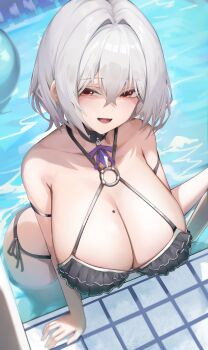 1girl absurdres arm_strap artier's_character artist_request bare_shoulders bikini black_bikini black_choker breasts choker cleavage commentary_request commission frilled_bikini frills from_above hair_between_eyes highres huge_breasts korean_commentary mole mole_on_breast o-ring o-ring_bikini o-ring_top open_mouth original poolside red_eyes second-party_source short_hair side-tie_bikini_bottom smile solo swimsuit wading white_hair