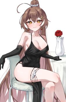 1girl ahoge alternate_costume black_dress black_gloves black_streaks breasts brown_eyes brown_hair chair cherry_earrings cleavage commentary covered_navel crossed_bangs crossed_legs double-parted_bangs dress earrings elbow_gloves english_commentary flower food-themed_earrings food_themed_earrings gloves hair_between_eyes high_ponytail highres hololive hololive_english jewelry long_hair looking_at_viewer magui3 medium_breasts nanashi_mumei on_chair panty_straps pelvic_curtain ponytail red_flower red_rose rose side_slit simple_background sitting sleeveless sleeveless_dress solo spaghetti_strap vase very_long_hair virtual_youtuber white_background white_streaks
