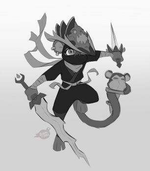 absurdres alaynakgray animal animal_ears animal_focus asymmetrical_dual_wielding commentary commission dagger dang_(runescape) dougi dual_wielding duellist's_cap_(tier_6) earrings english_commentary hair_between_eyes highres holding holding_dagger holding_knife holding_sword holding_weapon holding_with_tail japanese_clothes jewelry knife martial_arts_belt mask monkey monkey_ears monkey_girl monkey_tail monochrome ninja old_school_runescape original prehensile_tail runescape scarf signature simple_background sketch sword tail talisman transformation weapon