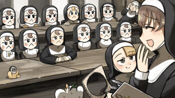 5girls :&lt; :d @_@ alternate_hairstyle baby_animal bird blonde_hair blue_eyes brown_eyes brown_hair cardboard_cutout chicken clumsy_nun_(diva) commentary diva_(hyxpk) duck duckling english_commentary freckles frog_headband froggy_nun_(diva) grey_hair highres little_nuns_(diva) mask multiple_girls nervous_sweating nun open_mouth scissors sheep_nun_(diva) shy_nun_(diva) smile spicy_nun_(diva) sweat too_many traditional_nun yellow_eyes