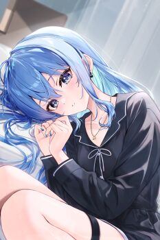 1girl alternate_costume black_pajamas blue_eyes blue_hair blue_nails blurry blurry_background bow bow_earrings colored_inner_hair commentary_request curled_up double-parted_bangs earrings gold_necklace hair_between_eyes highres hololive hoshimachi_suisei indoors jewelry long_hair looking_at_viewer lying multicolored_hair nail_polish necklace on_side paid_reward_available pajamas parted_lips sidelocks solo star_(symbol) star_in_eye star_necklace symbol_in_eye thigh_strap virtual_youtuber yuki_haru