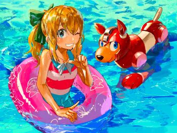 1girl bare_shoulders blonde_hair blue_eyes cairngorm999 cowboy_shot highres long_hair mega_man_(classic) mega_man_(series) non-humanoid_robot one-piece_swimsuit parted_lips partially_submerged pink_one-piece_swimsuit robot robot_animal robot_dog roll_(mega_man) rush_(mega_man) smile swim_ring swimsuit v water