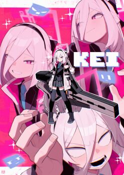 1girl absurdres angry arms_up black_hairband black_jacket black_shoes black_thighhighs blast-7 blue_archive blue_necktie blush closed_mouth collared_shirt commentary_request frown hair_between_eyes hairband halo hands_up happy highres jacket kei_(blue_archive) kei_(student)_(blue_archive) long_hair long_hair_between_eyes looking_at_viewer multiple_views necktie no_pupils open_mouth pink_background pink_eyes pink_halo ringed_eyes shirt shoes simple_background smile sparkle teeth thighhighs two-tone_background weapon weapon_on_back white_background white_hair white_jacket white_shirt