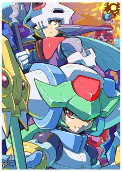 1boy 1girl android armor bad_id bad_pixiv_id blonde_hair border brother_and_sister commentary dated english_commentary gloves green_hair grey_(mega_man) helmet holding holding_weapon long_hair mega_man_(series) mega_man_zx mega_man_zx_advent model_a_(mega_man) model_w_(mega_man) model_zx_(mega_man) pandora_(mega_man) power_armor prometheus_(mega_man) purple_helmet red_eyes siblings signature skull-shaped_hat smile staff tomycase weapon white_border white_helmet